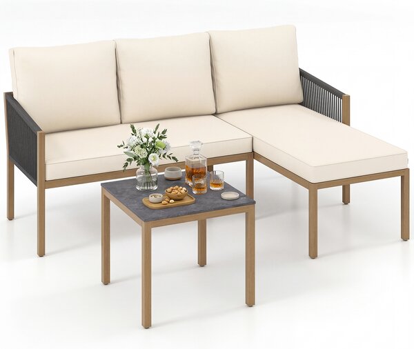 Costway Set di mobili da giardino 3 pezzi con 2 divani componibili a forma di l, Set da conversazione da esterno per patio e terrazzo Beige