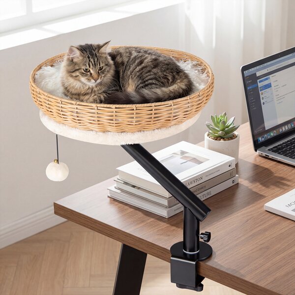 Costway Letto per gatti da scrivania girevole 360° cuccia per gatti in rattan pe, Cuccia salvaspazio amaca con morsetto per ufficio e casa Bianco