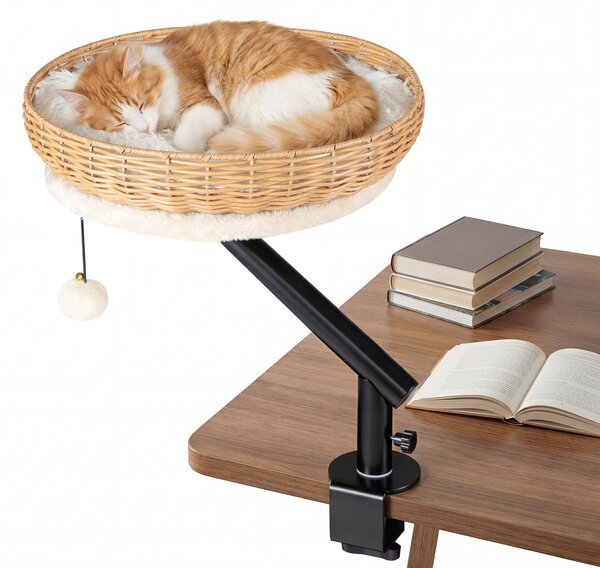 Costway Letto per gatti da scrivania girevole 360° cuccia per gatti in rattan pe, Cuccia salvaspazio amaca con morsetto per ufficio e casa Bianco