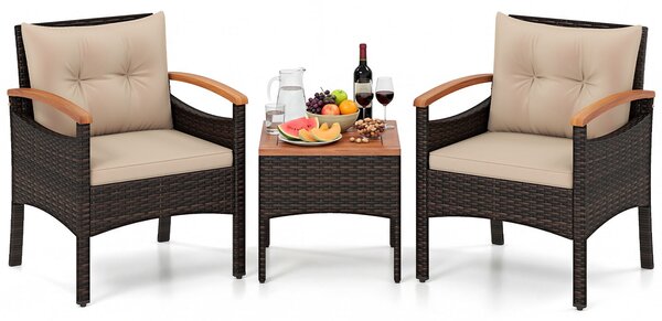 Costway Set bistro patio 3 pezzi con piano in legno di acacia e braccioli, Set di sedie da esterno con cuscini per giardino veranda Beige