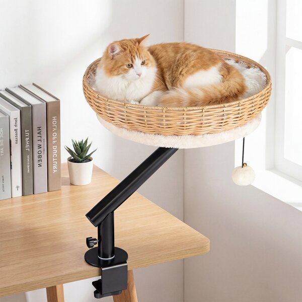 Costway Letto per gatti da scrivania girevole 360° cuccia per gatti in rattan pe, Cuccia salvaspazio amaca con morsetto per ufficio e casa Bianco