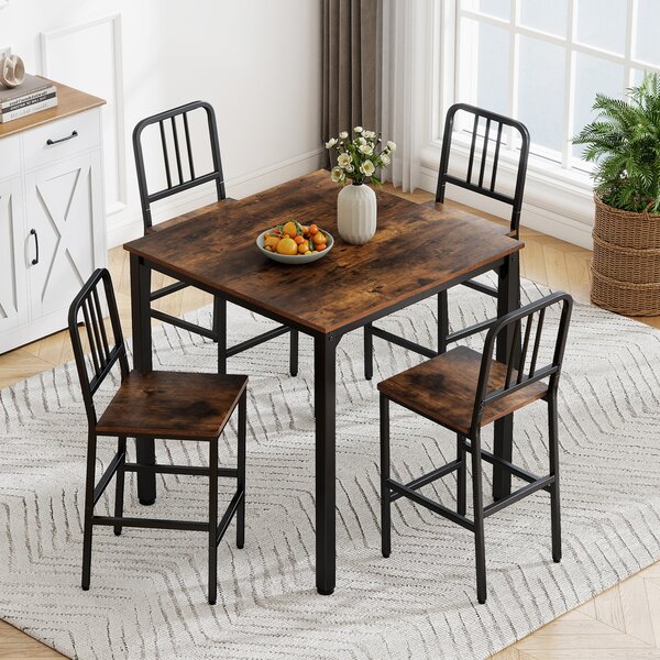 Costway Set da pranzo con tavolo alto per 4 persone con superficie in finto marmo, Set cucina bar 5 pezzi per sala da pranzo Marrone