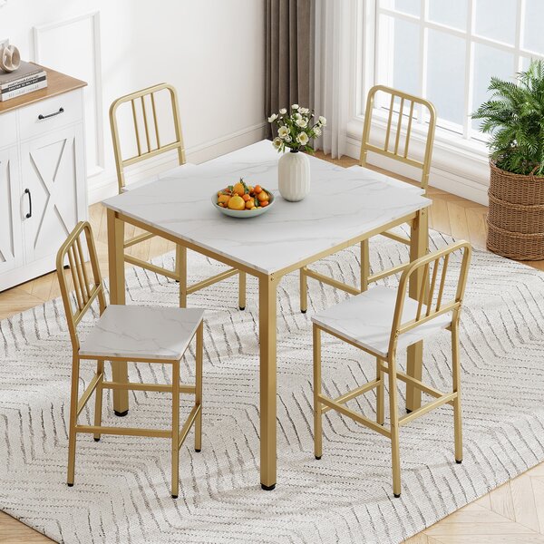 Costway Set da pranzo con tavolo alto per 4 persone con superficie in finto marmo, Set cucina bar 5 pezzi per sala da pranzo Bianco