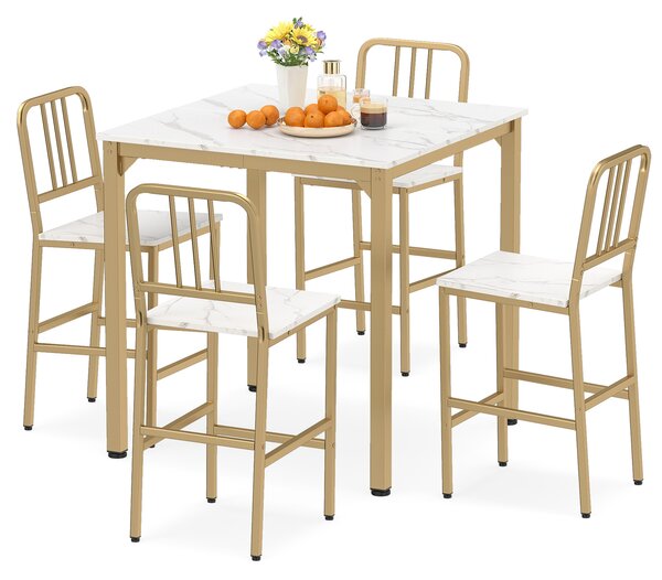 Costway Set da pranzo con tavolo alto per 4 persone con superficie in finto marmo, Set cucina bar 5 pezzi per sala da pranzo Bianco