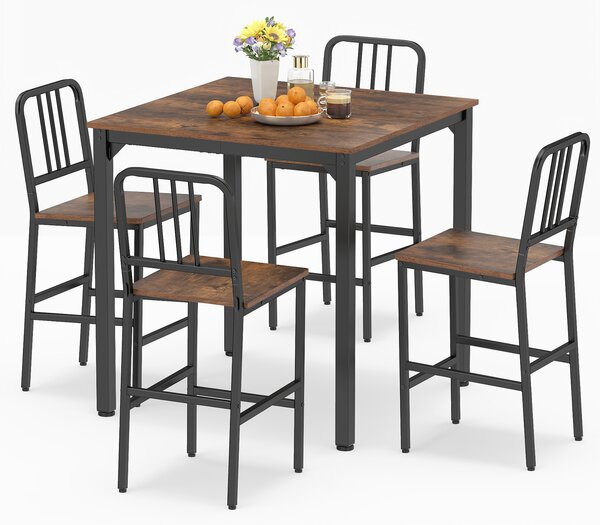 Costway Set da pranzo con tavolo alto per 4 persone con superficie in finto marmo, Set cucina bar 5 pezzi per sala da pranzo Marrone