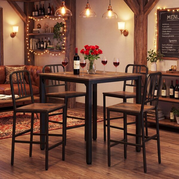 Costway Set da pranzo con tavolo alto per 4 persone con superficie in finto marmo, Set cucina bar 5 pezzi per sala da pranzo Marrone