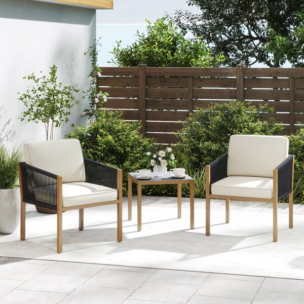 Costway Set bistro da esterno 3 pezzi con corde intrecciate e cuscini, Tavolo e sedie per patio balcone terrazza e giardino Beige