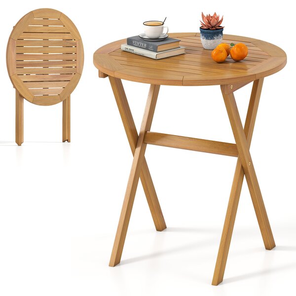 Costway Tavolino pieghevole da esterno 67 cm in legno di acacia con piano a doghe, Tavolino da bistrot rotondo per giardino balcone Naturale
