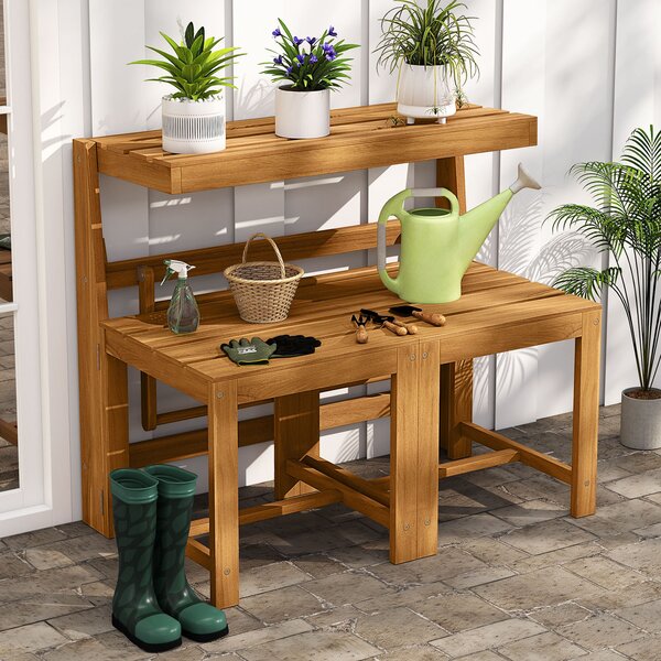 Costway Panchina esterno trasformabile 3 in 1 in legno di acacia, Set mobile esterno supporto piante per terrazzo patio e balcone Naturale