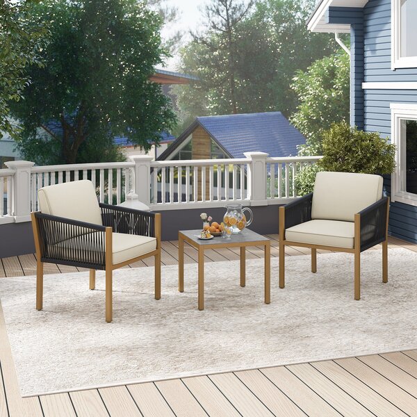 Costway Set bistro da esterno 3 pezzi con corde intrecciate e cuscini, Tavolo e sedie per patio balcone terrazza e giardino Beige