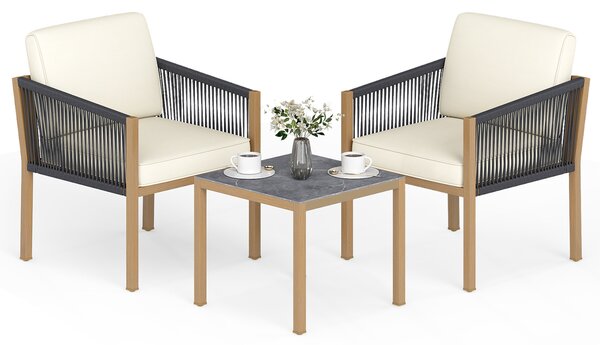 Costway Set bistro da esterno 3 pezzi con corde intrecciate e cuscini, Tavolo e sedie per patio balcone terrazza e giardino Beige