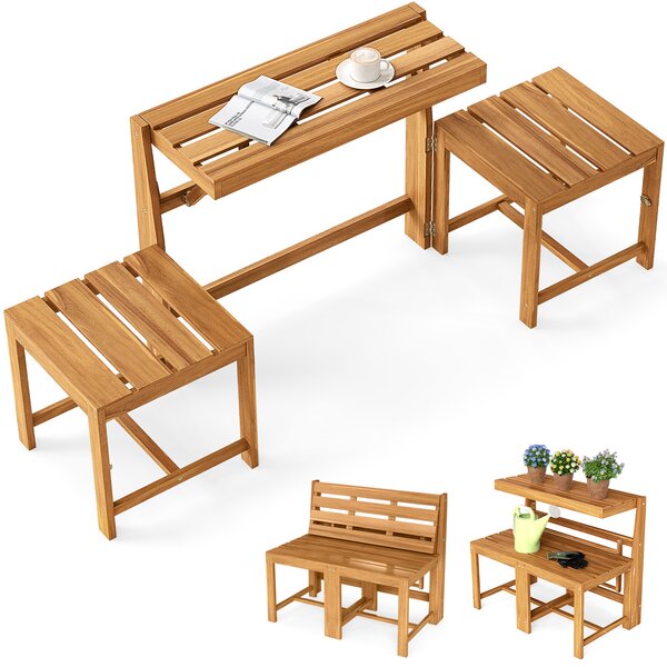 Costway Panchina esterno trasformabile 3 in 1 in legno di acacia, Set mobile esterno supporto piante per terrazzo patio e balcone Naturale