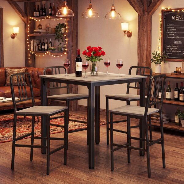 Costway Set da pranzo con tavolo alto per 4 persone con superficie in finto marmo, Set cucina bar 5 pezzi per sala da pranzo Grigio