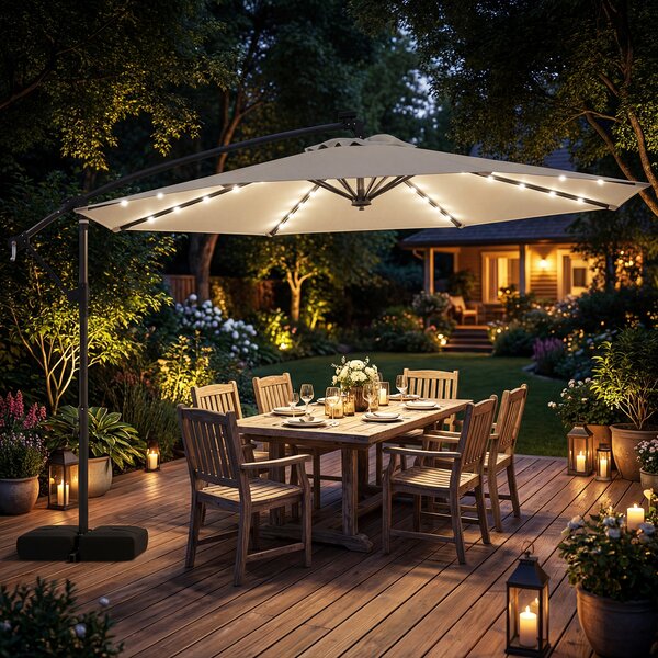 Costway Ombrellone da giardino a manovella da 3 m da esterno con 8 stecche, Base a croce e sacco di sabbi per giardino terrazzo Beige