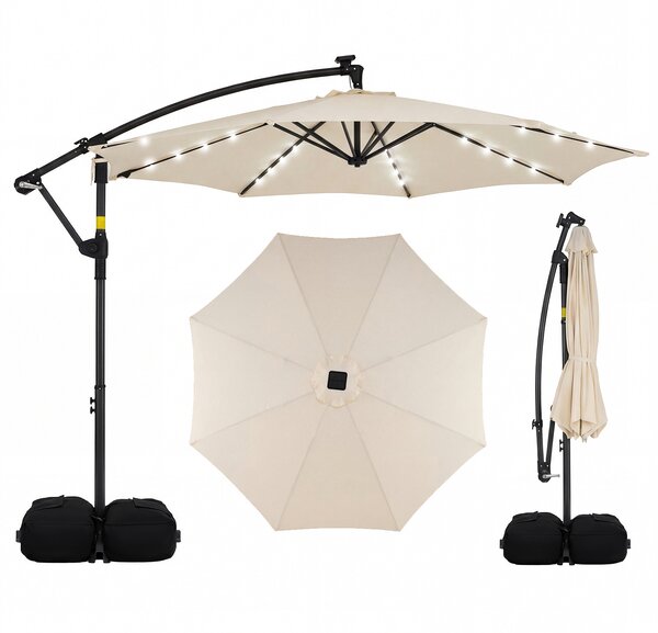 Costway Ombrellone da giardino a manovella da 3 m da esterno con 8 stecche, Base a croce e sacco di sabbi per giardino terrazzo Beige