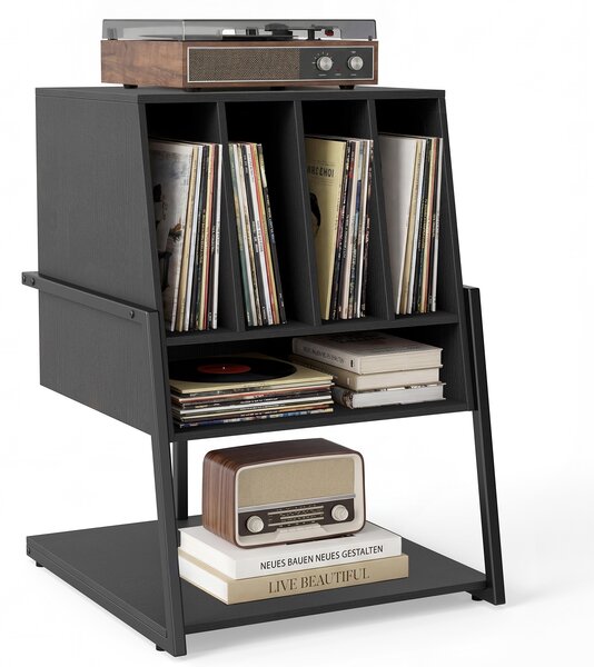 Costway Supporto per giradischi in legno con ruote piedini regolabili, Mobile porta giradischi con 4 scomparti e ripiani aperti Nero