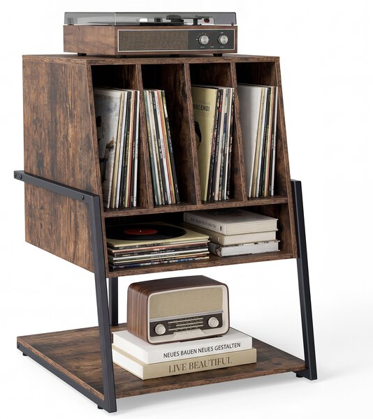 Costway Supporto per giradischi in legno con ruote piedini regolabili, Mobile porta giradischi con 4 scomparti e ripiani aperti Marrone
