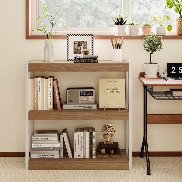 Costway Libreria a 3 ripiani con doppio kit anti-ribaltamento, Scaffale in legno per soggiorno Legno naturale