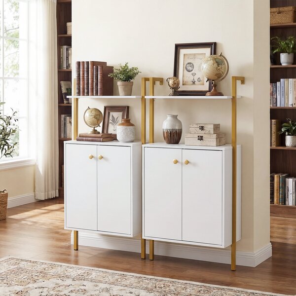 Costway Armadio da parete a 4 ripiani espositivo industriale, Mobile contenitore in legno con armadietto a 2 ante Bianco