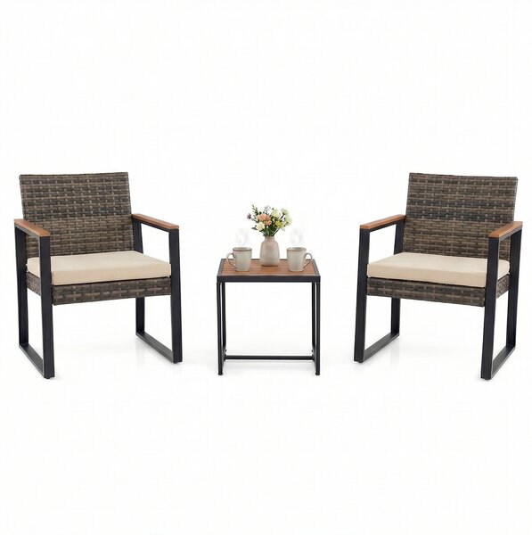 Costway Salottino da esterno in rattan 3 pz con cuscino imbottito, Set mobili da giardino per balcone Beige
