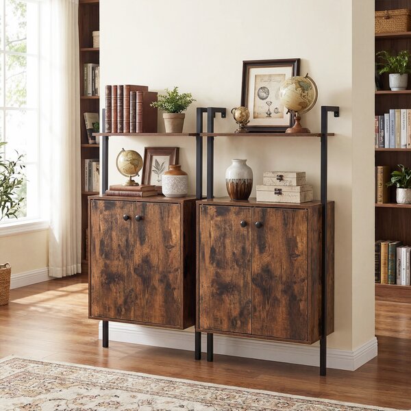 Costway Armadio da parete a 4 ripiani espositivo industriale, Mobile contenitore in legno con armadietto a 2 ante Marrone