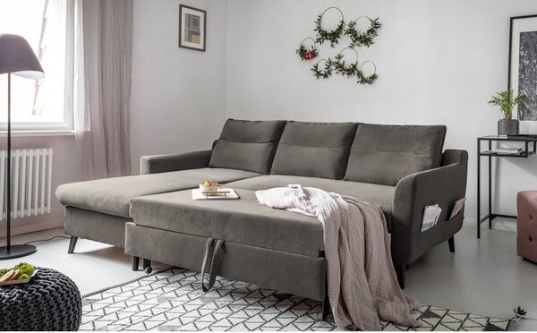 Divano letto angolare in velluto grigio scuro, angolo sinistro Stylish Stan - Miuform