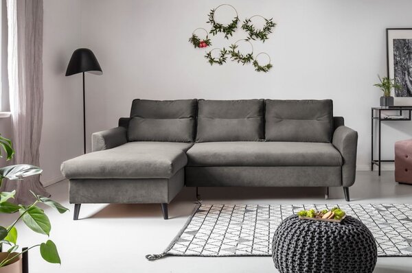 Divano letto angolare in velluto grigio scuro, angolo sinistro Stylish Stan - Miuform