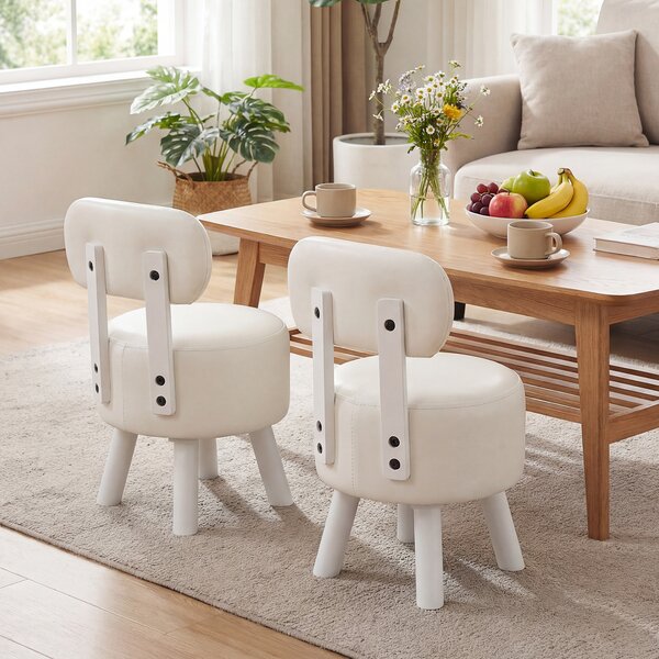 Costway Set di 2 sgabelli poggiapiedi con gambe in legno di gomma, Pouf imbottito da trucco per soggiorno camera da letto Bianco