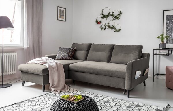 Divano letto angolare in velluto grigio scuro, angolo sinistro Stylish Stan - Miuform