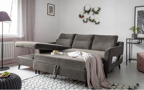Divano letto angolare in velluto grigio scuro, angolo sinistro Stylish Stan - Miuform