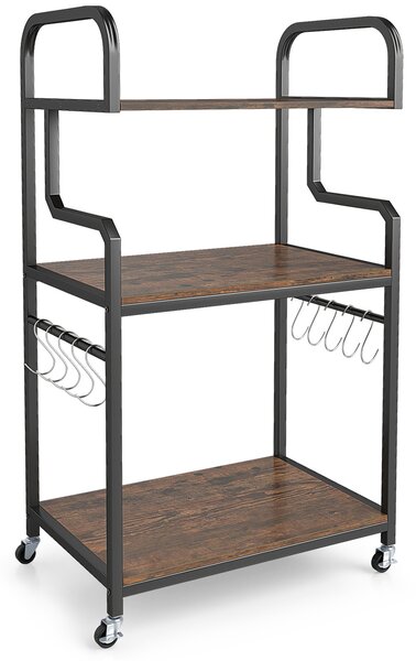 Costway Supporto porta stampante da ufficio con ruote, Carrello portaoggetti a 3 ripiani con 10 ganci Marrone