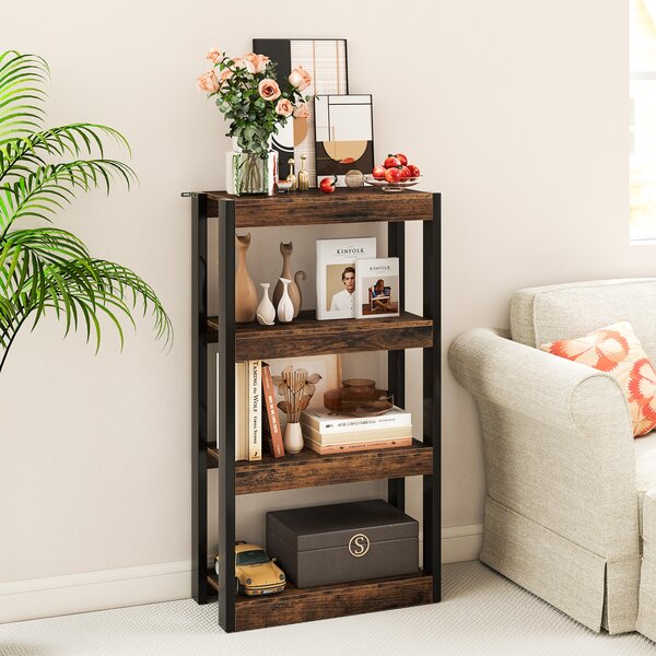 Costway Libreria a 4 ripiani con doppio kit anti-ribaltamento, Scaffale in legno per soggiorno Marrone