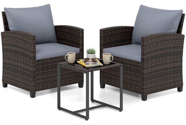 Costway Set mobili da giardino a 3 pezzi con 2 poltrone e 1 tavolino in vetro temperato, Salotto da esterno in rattan PE Grigio