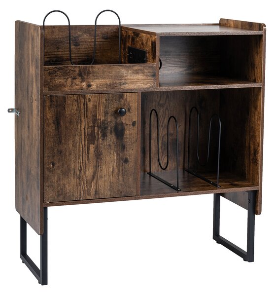 Costway Mobile giradischi stile vintage con stazione di ricarica, Supporto porta vinili e dischi con armadietto e scomparti aperti Marrone