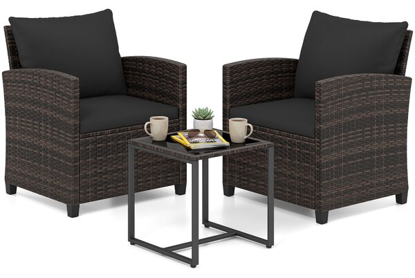 Costway Set mobili da giardino a 3 pezzi con 2 poltrone e 1 tavolino in vetro temperato, Salotto da esterno in rattan PE Nero