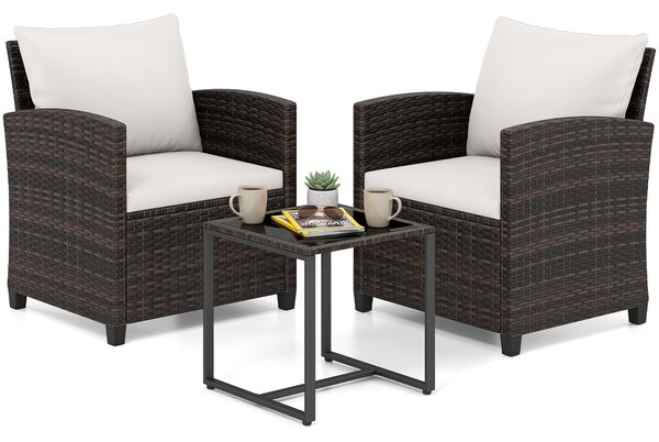 Costway Set mobili da giardino a 3 pezzi con 2 poltrone e 1 tavolino in vetro temperato, Salotto da esterno in rattan PE Beige