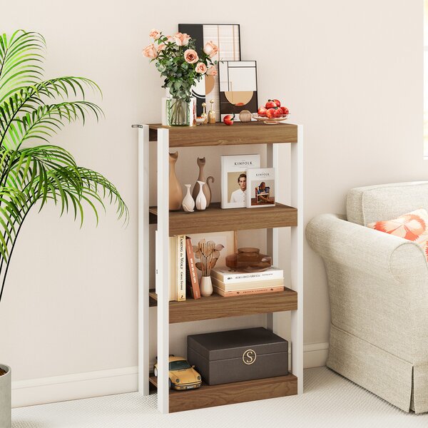 Costway Libreria a 4 ripiani con doppio kit anti-ribaltamento, Scaffale in legno per soggiorno Legno naturale