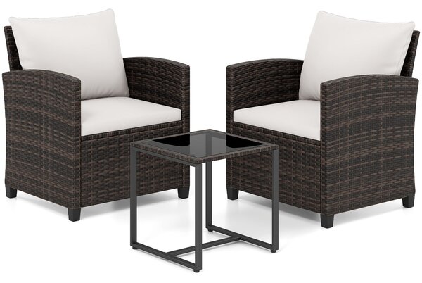 Costway Set mobili da giardino a 3 pezzi con 2 poltrone e 1 tavolino in vetro temperato, Salotto da esterno in rattan PE Beige