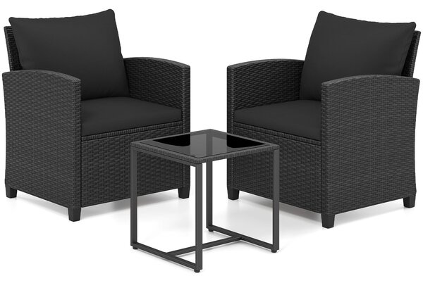 Costway Set mobili da giardino a 3 pezzi con 2 poltrone e 1 tavolino in vetro temperato, Salotto da esterno in rattan PE Nero+Nero