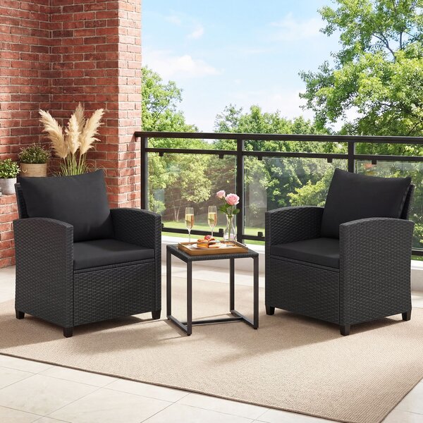 Costway Set mobili da giardino a 3 pezzi con 2 poltrone e 1 tavolino in vetro temperato, Salotto da esterno in rattan PE Nero+Nero
