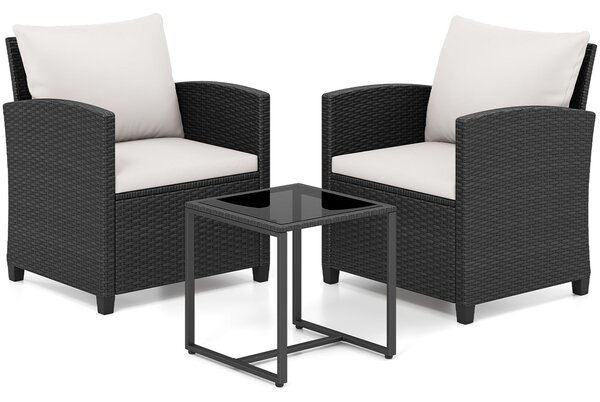 Costway Set mobili da giardino a 3 pezzi con 2 poltrone e 1 tavolino in vetro temperato, Salotto da esterno in rattan PE Nero+Beige