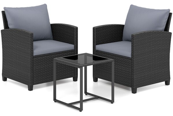 Costway Set mobili da giardino a 3 pezzi con 2 poltrone e 1 tavolino in vetro temperato, Salotto da esterno in rattan PE Nero+Grigio