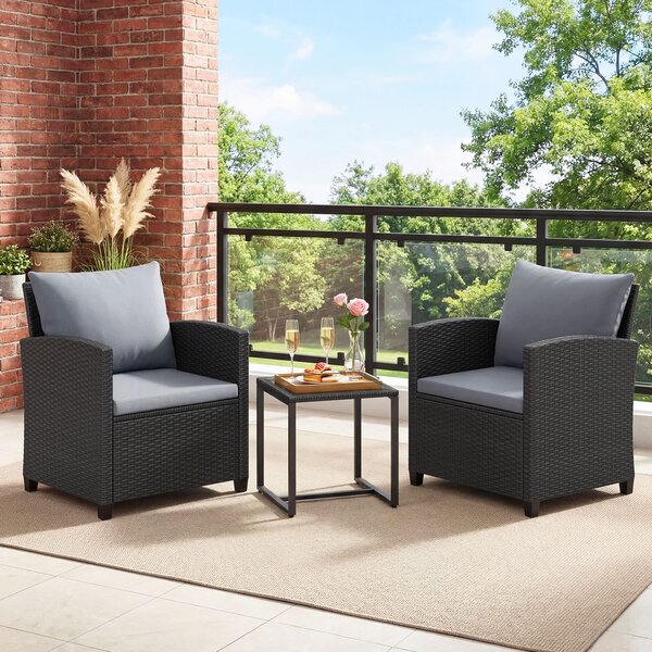 Costway Set mobili da giardino a 3 pezzi con 2 poltrone e 1 tavolino in vetro temperato, Salotto da esterno in rattan PE Nero+Grigio