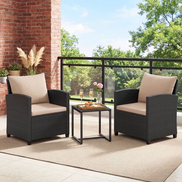 Costway Set mobili da giardino a 3 pezzi con 2 poltrone e 1 tavolino in vetro temperato, Salotto da esterno in rattan PE Nero+Ocra