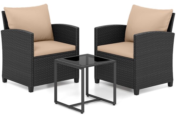 Costway Set mobili da giardino a 3 pezzi con 2 poltrone e 1 tavolino in vetro temperato, Salotto da esterno in rattan PE Nero+Ocra