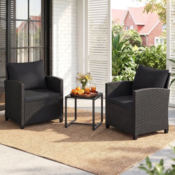 Costway Set mobili da giardino a 3 pezzi con 2 poltrone e 1 tavolino in vetro temperato, Salotto da esterno in rattan PE Nero+Nero