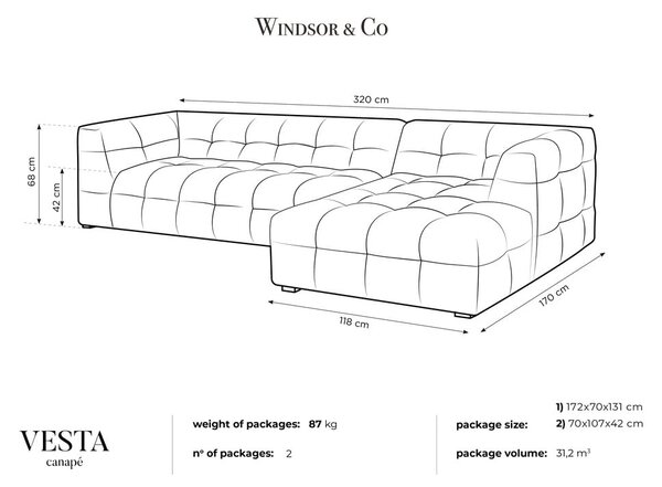 Divano angolare in velluto grigio, angolo destro Vesta - Windsor & Co Sofas