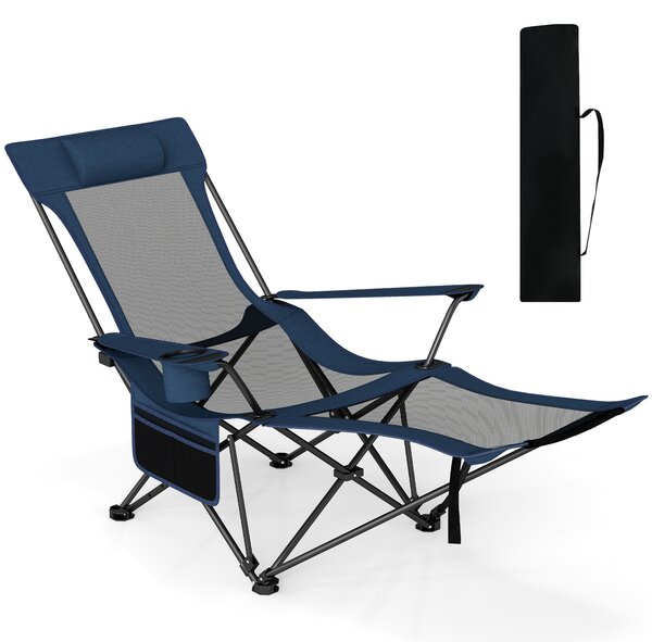 Costway Sedia da campeggio con poggiapiedi rimovibile e schienale regolabile, Sedia pieghevole con borsa portaoggetti Blu Navy