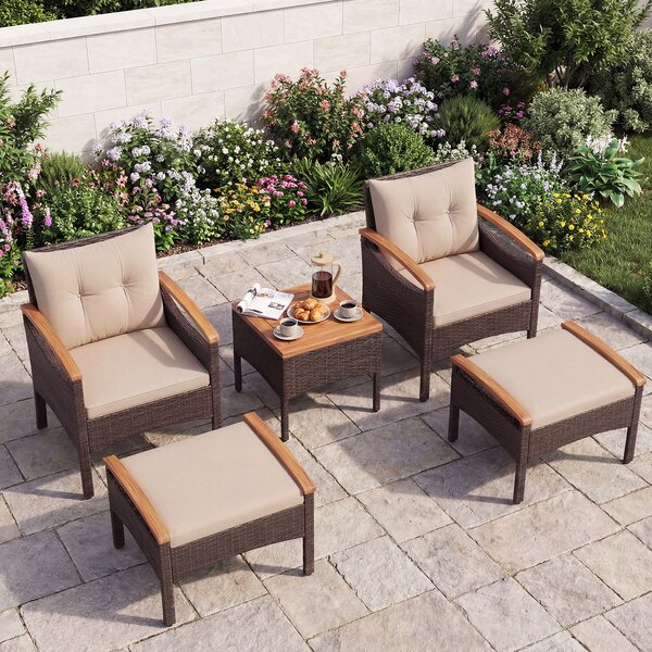 Costway Set di divani in rattan da 5 pezzi con cuscini per sedili schienale, Set in vimini da giardino per cortile Beige