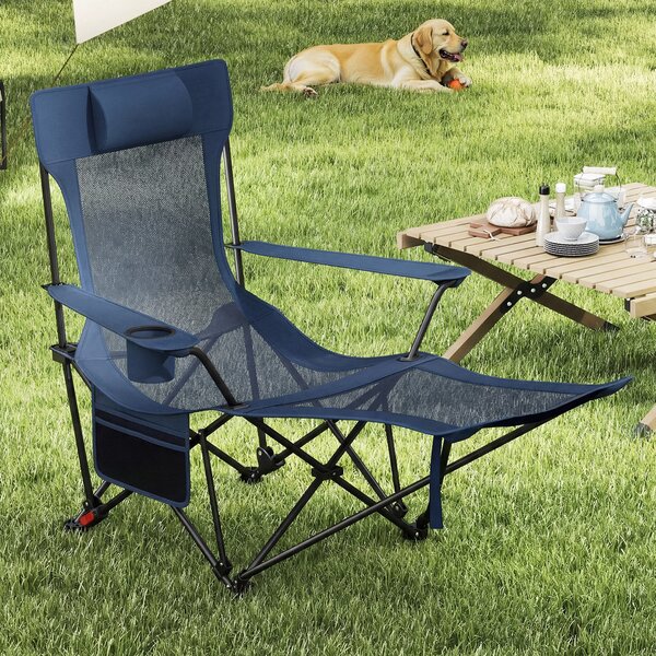 Costway Sedia da campeggio con poggiapiedi rimovibile e schienale regolabile, Sedia pieghevole con borsa portaoggetti Blu Navy